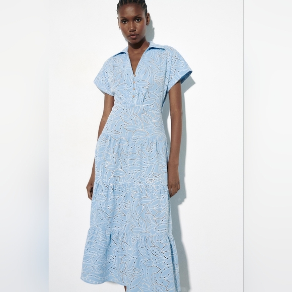 Zara Embroidered Cutout Tiered Eyelet Maxi Shirt Dress XS Light Blue - Picture 2 of 16